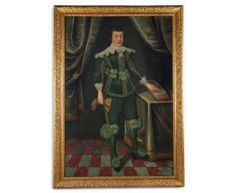 FOLLOWER OF GILBERT JACKSONPORTRAIT OF JAMES BOEVEY, AGED 11, FULL LENGTH IN A GREEN DOUBLET AND HOSE, HOLDING A GLOVE, BY A 
