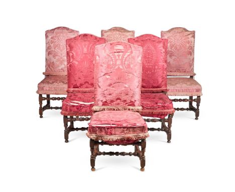 A SET OF FOUR WILLIAM III WALNUT SIDE CHAIRSLATE 17TH/EARLY 18TH CENTURYOn bobbin and block turned supports and feet joined b