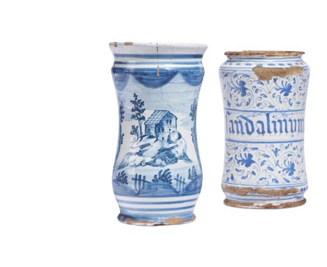 TWO NORTH ITALIAN (LIGURIA) BLUE AND WHITE ALBARELLI17TH & 18TH CENTURIESComprising: a 17th century albarello inscribed V. La