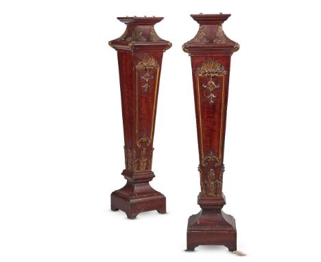 A PAIR OF STAINED WOOD AND PARCEL GILT PEDESTALS IN GEORGE III STYLE20TH CENTURYPOSSIBLY DESIGNED BY OLIVER MESSELEach of squ