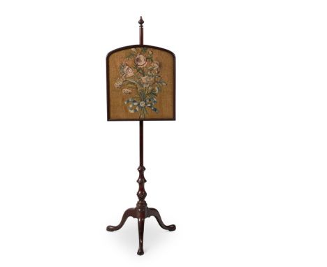 A GEORGE III MAHOGANY AND NEEDLEWORK POLE SCREENCIRCA 1780the banner above pole support, wrythen vase and tripod base135cm hi