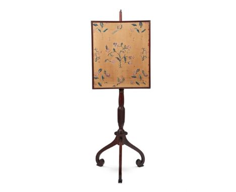 A GEORGE III MAHOGANY AND NEEDLEWORK POLE SCREENCIRCA 1810the banner above pole support, wrythen vase and tripod base135cm hi