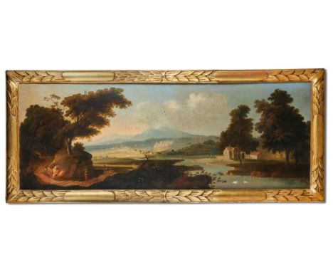 ENGLISH SCHOOL (18TH CENTURY)AN EXTENSIVE RIVER LANDSCAPEOil on canvas48.3 x 132.1cm (19 x 52 in.)Provenance:The Crawley-Boev