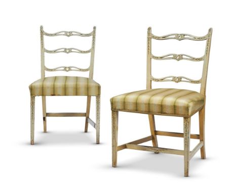 A PAIR OF SHORT LADDER BACK DINING CHAIRS IN GEORGE III STYLEEARLY 20TH CENTURYWith upholstered seats on square tapering legs
