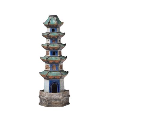 A CHINESE SHIWAN TYPE POTTERY PAGODALATE QING DYNASTYwith coloured glazes, 55.5cm high Provenance:Supplied by Oliver Messel f