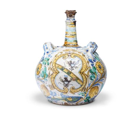 A LARGE SICILIAN MAIOLICA TWO-HANDLED FLASK OF PILGRIM BOTTLE FORM18TH CENTURYDecorated with a cardinals arms reserved on a g