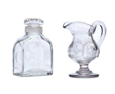 TWO PIECES OF MASONIC GLASSVARIOUS DATES 19TH CENTURYComprising: a commemorative pedestal jug engraved with Masonic symbols a