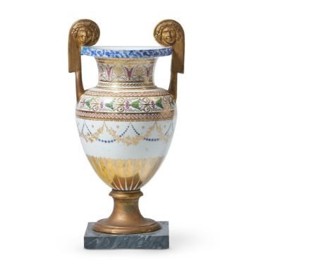 A PARIS PORCELAIN AMPHORAFIRST HALF 19TH CENTURYWith gilt scroll handles, painted in iron red, greens and gilt with scrolling