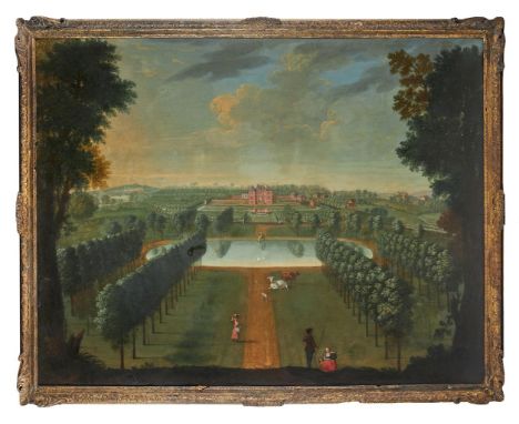 ANGLO-DUTCH SCHOOL (CIRCA 1740)VIEW OF A HOUSE WITH PROJECTING ANGLE PAVILIONS, IN A PARK WITH AN OVAL POOL, FIGURES IN THE F