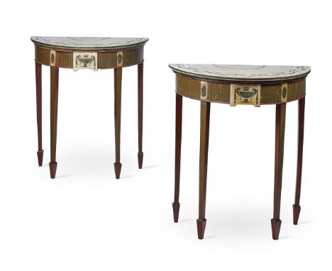 A PAIR OF EDWARDIAN PAINTED AND STAINED PINE CONSOLE TABLES IN GEORGE II STYLEEARLY 20TH CENTURYOf semi-eliptical outline, ea