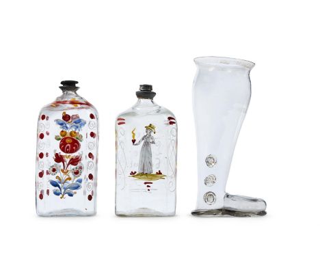 TWO GERMAN ENAMELLED GLASS AND PEWTER MOUNTED SPIRIT FLASKSMID 18TH CENTURY16.5cm high and smaller; and a later boot-shaped s