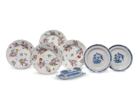 A SELECTION OF MOSTLY CONTINENTAL FAIENCE18TH AND 19TH CENTURYIncluding a pair of Dutch Delft blue and white plates painted w