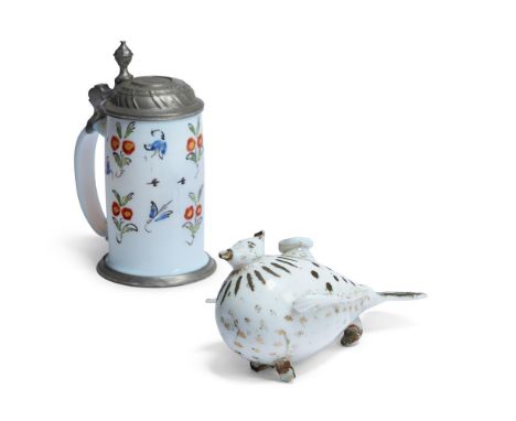 A GERMAN DATED MILSCH GLAS PEWTER-MOUNTED TANKARD AND HINGED COVERpainted in coloured enamels with flowers, the cover inscrib