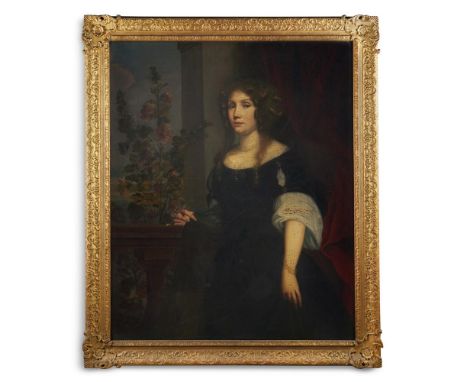 CIRCLE OF PIETER BORSELAER (DUTCH 1632-1692)PORTRAIT OF CATHERINE BOEVEY, 'THE  PERVERSE WIDOW', THREE-QUARTER LENGTH, IN A B