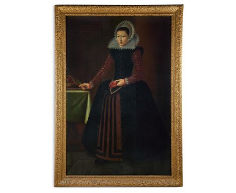 ENGLISH SCHOOL (17TH CENTURY)PORTRAIT OF JOANNA BOEVEY, FULL LENGTH IN A BLACK AND BROWN DRESS WITH EMBROIDERED SLEEVES HOLDI