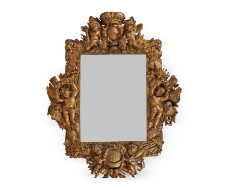 A RARE CARVED  GILTWOOD MIRROR, LATE 17TH CENTURY, POSSIBLY DUTCHthe mirror plate surrounded by triumphal putti before symbol