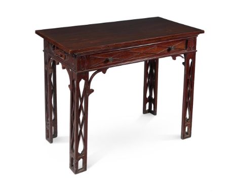 A GEORGE III MAHOGANY SIDE TABLECIRCA 1800The rectangular top above blind fretwork carved frieze fitted with a drawer on pier