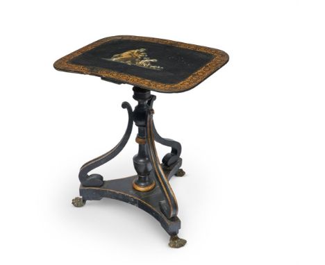 AN EBONISED AND PARCEL GILT OCCASIONAL TABLECIRCA 1815 AND LATERFormerly a pole screen, on scrolled supports and tripartite b