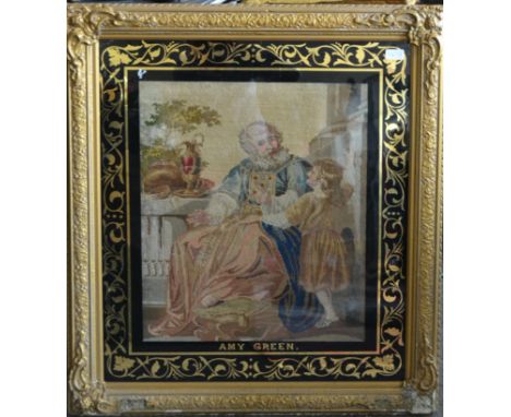 A  Victorian tapestry sampler of an elderly gentleman set within a good gilt plaster frame with black and gold leaf glass fac