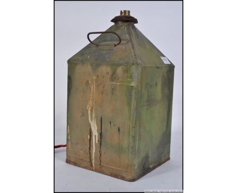 A Vintage retro oil / rape seed tin can with original paintwork being fully converted into industrial table lamp .  Measures: