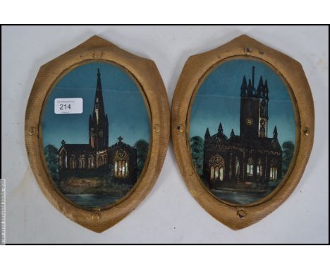 A pair of vintage early 20th century gypsy framed chrystoleums of architectural scenes