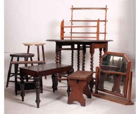 A collection of furniture to include 19th century Victorian, stools, tables, drop leaf table, dressing mirror and other items