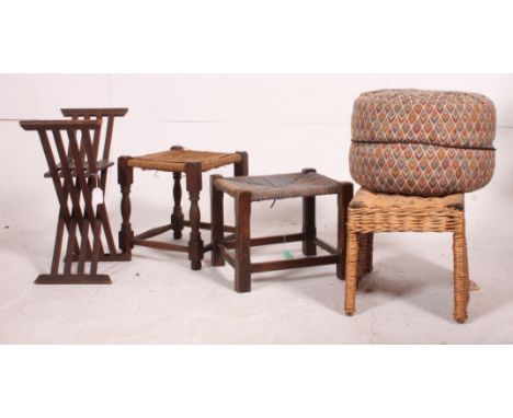 A vintage folding Savaronola chair together with a retro pouffe and 2 weave stools and a rattan whicker table. Measures: 50cm