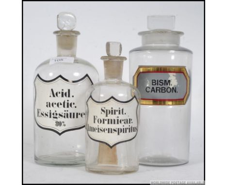 A collection of late Victorian / early 20th century vintage apothecary / chemists jars, each with notation to the front, Bism