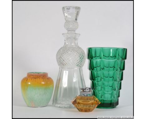 A retro / vintage studio green moulded glass vase, possibly Scandinavian, a thistle shaped decanter complete with original st