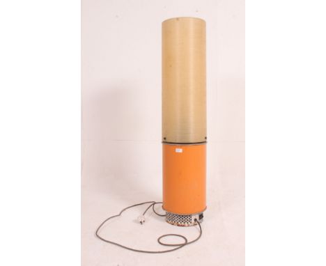 A retro / vintage electric cylindrical Belling floor heater lamp combo, orange coloured base with  fibreglass spun light shad