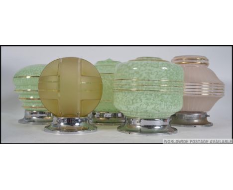 A collection of 5 1930's / 20th century Art Deco glass light shades to include mottled glass, globes etc. Measures: 21cm H.