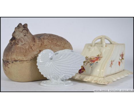 A small collection of ceramics to include a Victorian Spode spoon warmer, a Victorian German cheese dish and cover along with