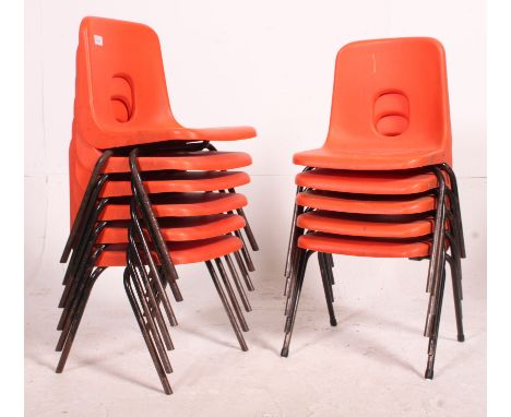 A collection of 11  vintage retro plastic School Hille stacking chairs, with tubular ebonised metal legs  Measures: 58cm x 37