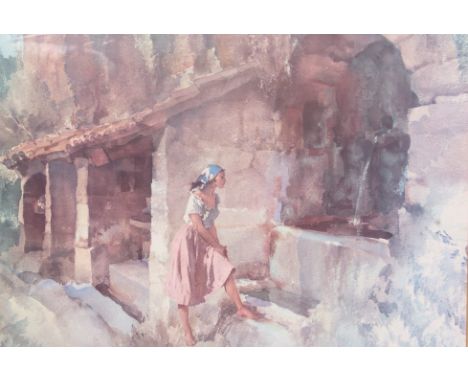 After W Russell Flint. A framed and glazed print of a watercolour of a maiden in architectural scene. Measures: 28cm x 39cm.