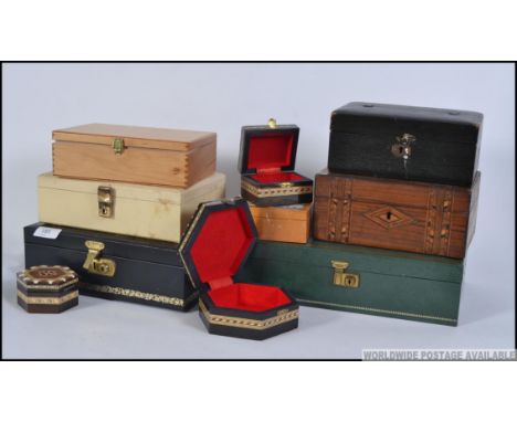 A collection of vintage jewellery boxes and work boxes to include Tunbridge ware, leather etc. Measures: 9cm H.