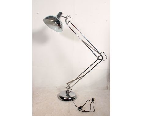 A large contemporary retro styled floorstanding chrome anglepoise standard lamp with terraced base and large pendant shade. M