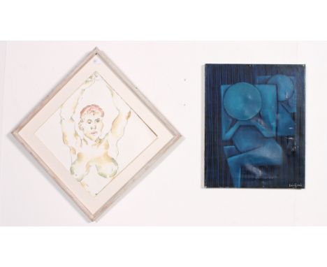 A framed and glazed water colour nude study along with an oil abstract portrait of a nude , signed to corner. Measures: 35cm 