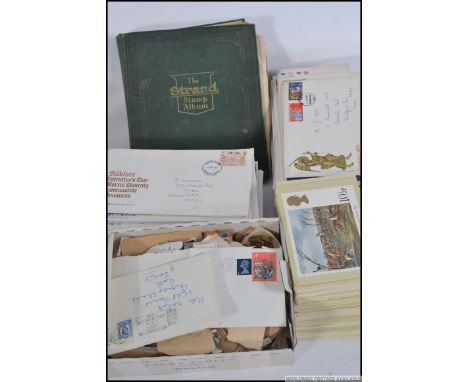 STAMP COLLECTION; Album with all world, large quantities of Great Britain First Day Covers & Stamp postcards plus box of on p