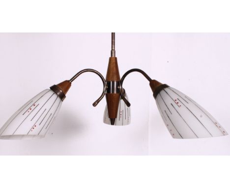 A vintage 1950's 3 branch oak and glass cylindrical ceiling light fitting chandelier. The shades of glass form in frosted whi