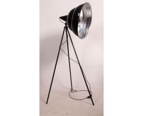 A retro style Black Moon tripod standard lamp light raised on a tubular tripod stand, in working order with good large black 