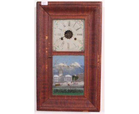 An early 20th century American mahogany cased drop trunk wall clock with painted glass panel. Measures: 67cm x 39cm x 10cm.