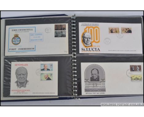 Winston Churchill. Collection of 86 special covers / FDCs First Day Covers from various countries in cased blue ring binder.