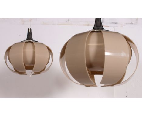 A retro 1970's plastic ( beige )  chrome and plastic folded leaf pendant lamp shade together with matching smaller shades ( s