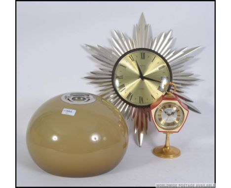 A retro 20th century 1950's  Metamec sunburst clock, Japanese retro clock and a  retro mushroom lamp shade. Measures: 48cm x 