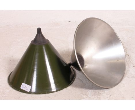 2 vintage mid century military green factory anglepoise pendant lamp shapes, both of conical form. Measures: 20cm x 26cm diam