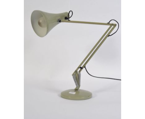 A vintage post war Herbert Terry anglepoise lamp in green having a circular terraced base and pendant shade. Measures: 60cm H