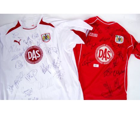 BRISTOL CITY: Two fully signed Bristol City Football CLub shirts. Each fully signed by the team (probably an early 2000's lin