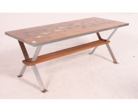 A 1960's retro chrome, teak and tile top coffee table / occasional table having a foliate vine  pattern tile top, possibly Po
