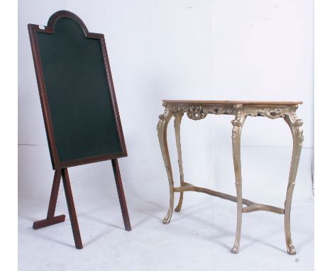 A retro 20th century blackboard on easel support together with a louis style rococo console hall table. Measures: 80cm x 111c