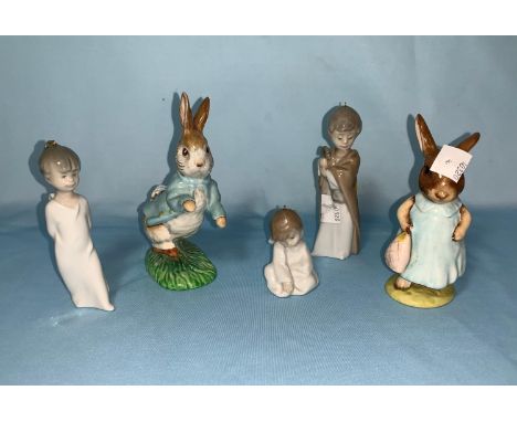 3 miniature Lladro angels; a Lladro lamplighter tool; 2 Beswick Beatrix Potter figures - Peter Rabbit &amp; Flopsy 